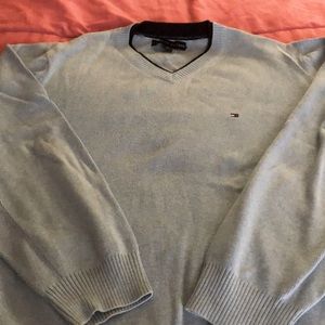 Men’s Tommy Hilfiger 100% cotton sweater.  light blue with navy trim at V-neck.